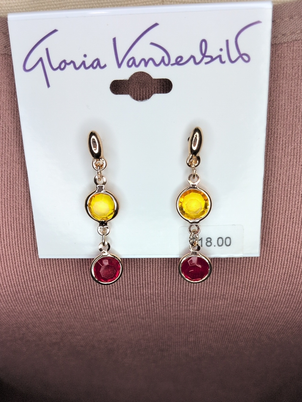 Gloria Vanderbilt Gold-Tone Dangle Earrings with Yellow and Red Stones NWT